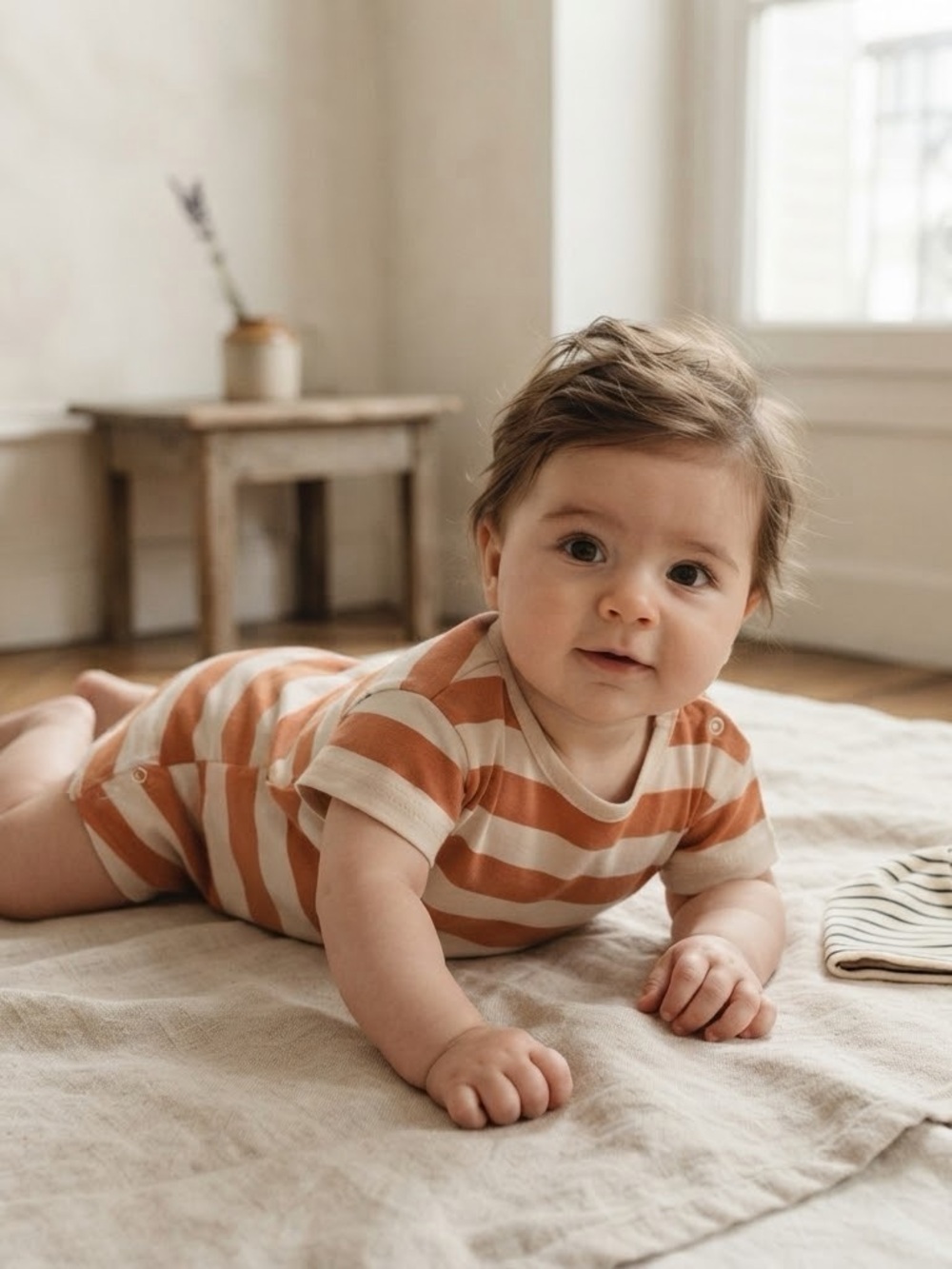 Cat & Jack Pumpkin & Cream Wide Stripe Crewneck Short Sleeve Romper